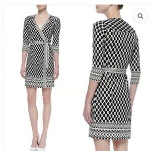 Diane Von Furstenberg Tallulah Silk Wrap Dress Long Sleeve Geo Black White